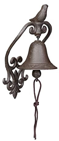 Relaxdays Türglocke Gusseisen, Gartenglocke, antikes Design mit Vogel, Kordel, Glocke für draußen, Wandglocke, braun