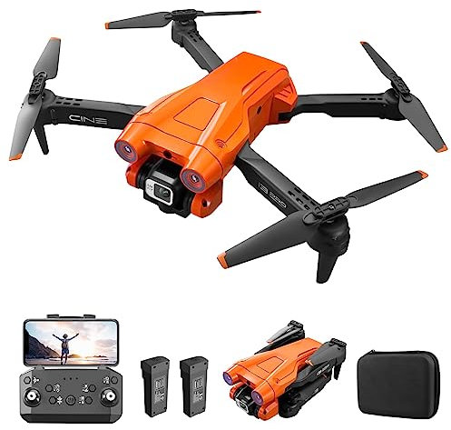 Drone RC avec double caméra 4K HD, quadricoptère RC 1080P avec 2 batteries, mode sans tête d'évitement d'obstacles, contrôle gestuel débutant (orange)