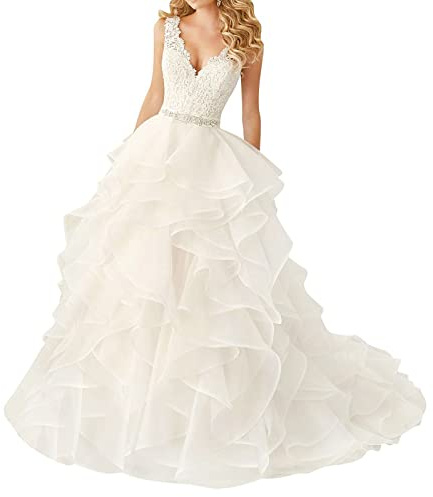 Abiti da Sposa per Donne con Tulle Senza Maniche in Treno Sexy Abito da Sposa a V Double Deep Neck White Plus 52, Generic, Bianco, 42