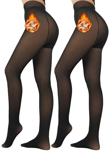 UniikStuff 2-pack fleecefodrade tights genomskinliga vinter – falska genomskinliga tights vinter tjocka varma strumpbyxor genomskinliga damleggings, Svart+Svart, L