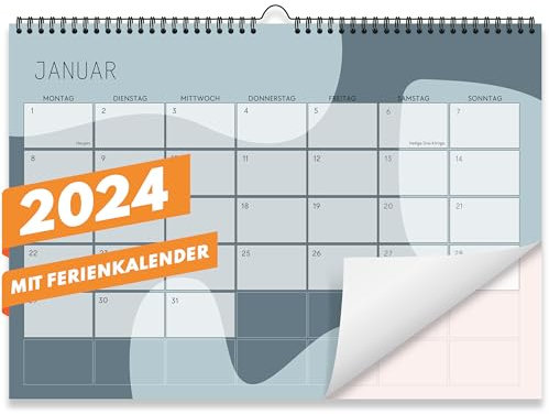 Kalender 2024 Wandkalender (Monatskalender im A4 Querformat) - Monatskalender 2024 für das ganze Jahr von Januar bis Dezember mit Ferienübersicht - Ideal als Paarkalender oder Familienplaner