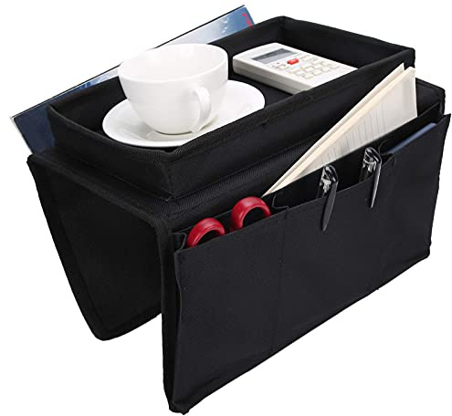 Ejoyous Organizador de Reposabrazos para Sofá con Bandeja y 5 Bolsillos, Mayordomo Plegable para Almacenamiento de Revistas y Control Remoto