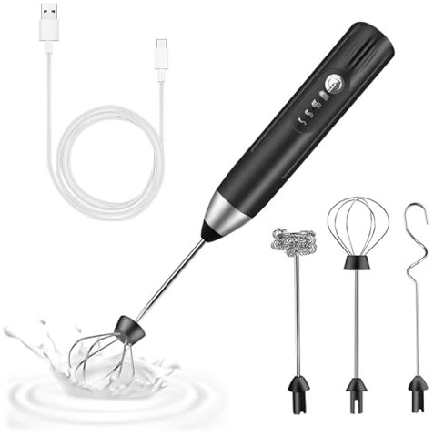 milchaufschäumer elektrisch stab with 3 heads, milk frother USB wiederaufladbar milchschäumer 3 einstellbare geschwindigkeiten edelstahl mini schneebesen für matcha latte, cappuccino kaffeemixstab