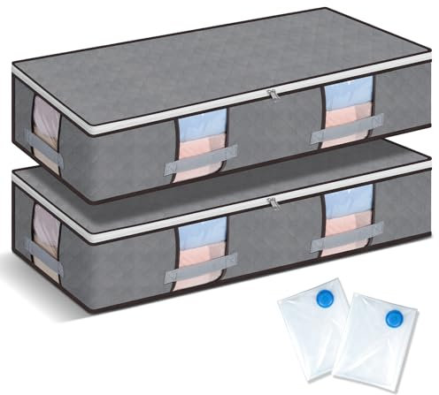 AiQInu Kit De Sac De Rangement Sous Lit, Lot De 2 Rangement Sous Lit De Grande Capacité Avec 2 Sacs Sous Vide, Pour VêTements, Couvertures, Couettes (97 x 43,5 x 20 cm)