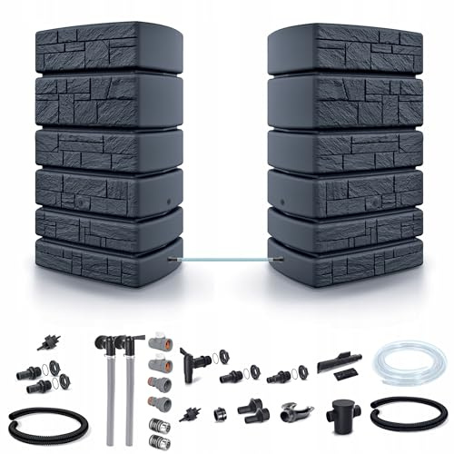 Dikel - Tower Stone - Regentonne - Wassertank - Regenfass - Regenwassertonne mit Zubehör - Regenwassertank - Wassertonne, Wasserfass, Regenwasserspeicher 1000l, Anthrazit
