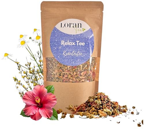 Loran Tee- Relax Tee - Kräutertee mit Hibiskus, Kamille, Rooibos, Rosenblüten, Entspannungstee, Wellness Tee, Beruhigungstee, 100g, Zippbeutel