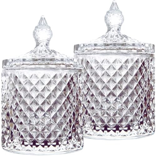 HANFCO® 2Pc 10oz Glass Cotton Bud Holder Dispenser Cotton Pad Holder Clear Jars With Lid Bathroom Accessory Makeup Vanity Cotton Balls Wool Swab Pads Q Tip Candle Holder Apothecary Jars Bathroom Decor