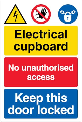 V Safety Electrical cupboard/No unauthorised access/Keep this door locked 150 x 200mm - 1mm Rigid Plastic Safety Sign