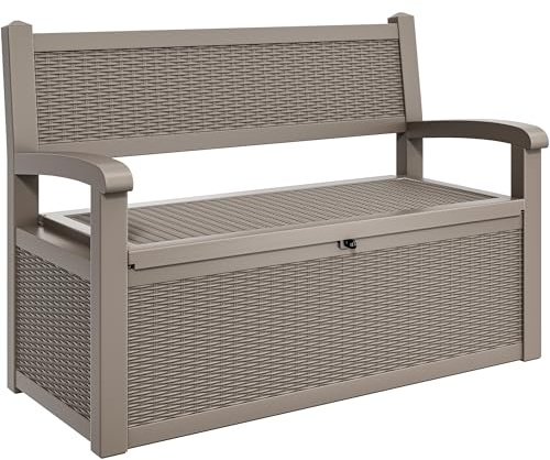 YITAHOME 70 Gallon Storage Bench Deck Box, Lockable Patio Bench, Waterproof Outdoor Pool Deck Storage for Patio Cushions, Garden Tools and Pool Supplies, Light Brown
