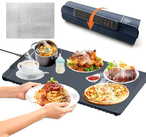 Tatqilo Food Warming Mat, Electric Warming Tray with 10 Temperature Settings, 20 Hours Timer, 10s Fast Heating, Child Safety Lock, Roll Up Silicone Food Warmer for Party, Home Dinners(65 * 38 * 1cm)