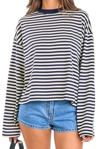 Striped Long Sleeve Shirt Women, Womens Crewneck Oversized Sweatshirt Y2K Pullover Tops Navy