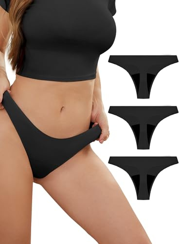 PoseFree Ropa interior menstrual tanga para sangrado ligero, sin costuras, cómodo - Paquete de 3 tangas de período invisibles para mujer (talla S-XXL), A-negro., M