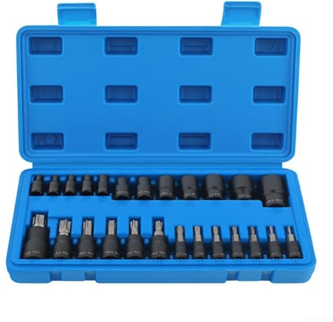 Juego de llaves de vaso de 25 piezas con enchufes hexagonales tipo E y puntas tipo T, diseñadas para mecánicos con construcción de acero al cromo vanadio