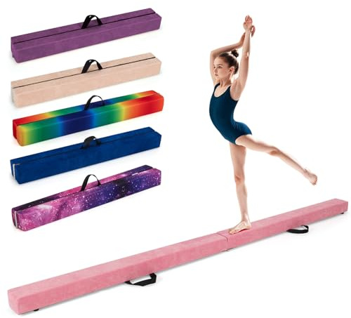 GOPLUS Barra de Equilibrio Plegable, Barra de Gimnasia de Espuma con Base de Madera, Fondo Antideslizante para Niños y Adolescentes, Equipo Portátil con Asa para Club/Casa (Rosa)