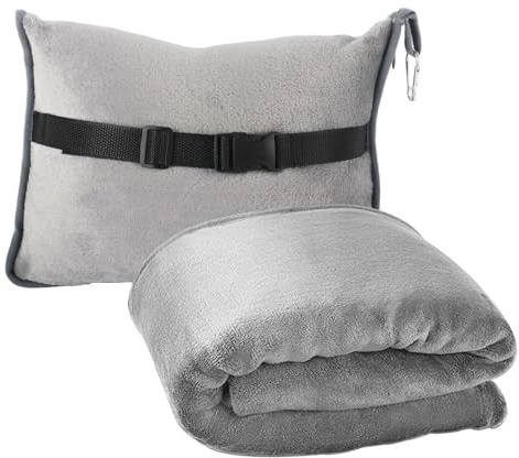 Dulynva Manta de Viaje para Avión 2 en 1 Cojín Transformable Plegable con Fijación para Maleta Portátil Franela Suave para Avión Ultraligera y Cálida para Vacaciones Oficina Negocios (Gris, 152x127cm)