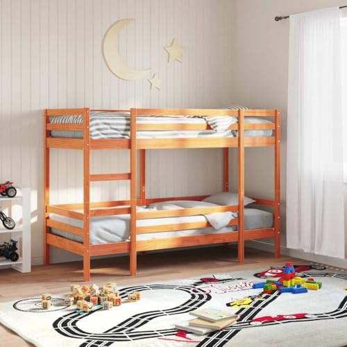 YunCangg Våningssäng, vaxbrun, massivt trä, furu, 75 x 190 cm med stege och säkerhetsräcke för utrymmesbesparande sovrum, robust träram-set perfekt för barnrum