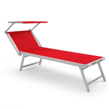 Bricozone Lettino Pieghevole Prendisole in Alluminio E Tessuto Textilene Professionale Con Tettuccio Parasole Orientabile Sdraio Per Mare Spiaggia Piscina Giardino 182 x 60 x 38 Cm Rosso
