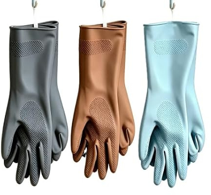 VINATO 3 Pares de Guantes de Cocina Colgables,Guantes Limpieza Hogar Antideslizantes, Guantes Largos Impermeables de Goma Látex, Reutilizables para Fregar Platos, Lavar – Talla M
