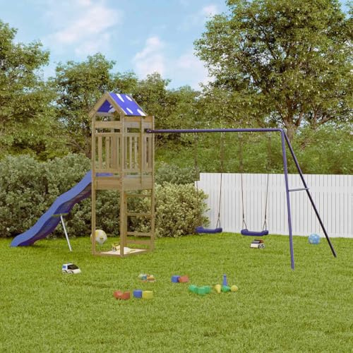 Runheo Torre de juego de madera de pino impregnada con pedestal de 118 cm, tobogán ondulado, columpio doble y caja de arena, estructura A, para jardín, patio, terraza a partir de 3 años