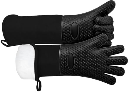 Homegk Extra Long Silicone Oven Gloves, Heat Resistant Non-Slip Cotton Quilted Mitts, for BBQ, Baking, Grilling & Cast Iron - Black