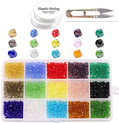 Glarks Juego de 1800 cuentas bicónicas de cristal de 4 mm, 15 cuentas facetadas de cristal en forma de bicono de colores con cuerda elástica, tijeras, aguja para hacer joyas, pulseras, collares,