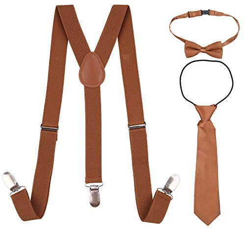 Trimming Shop 85 cm x 25 mm, Kinder-Hosenträger mit Fliege und Krawatte, verstellbare, Y-förmige, voll elastische Clip-on-Hosenträger mit farbiger Fliege und Krawatte, perfektes Kleidungszubehör für