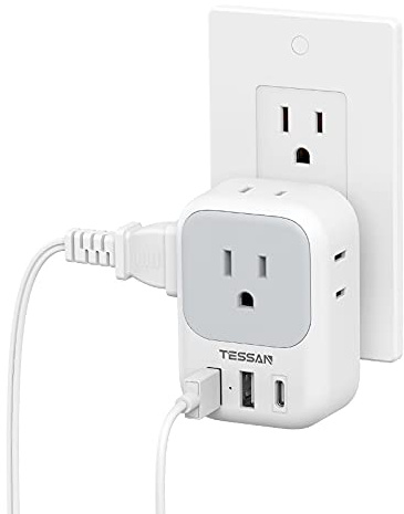 USB Wall Charger, Wall Plug Adapter Outlet Extender, TESSAN 3 Charger Block (1 USB C Port), Multi Charging Station for Cruise, Bathroom, Office, Dorm Essentials