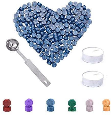 Sello Lacre Kit, 200 Perlas de Cera de Sellado con 2 Velas de Té + 1 Cuchara de Fundir, Kit de Lacre de Sellado Octagonal, Vintage Cera para Sellos, Manualidades, Decorar Cartas e Invitaciones(Azul)