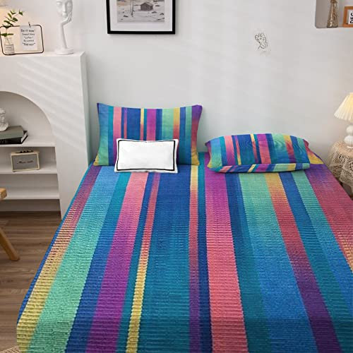 NOGAWA Gestreift Spannbettlaken 160x200cm, Spannbetttuch Bunt Muster, Weiche Mikrofaser Boxspringbett Bettlaken geeignet für Matratzen von 30 cm Mit 2 Kopfkissenbezug 80x80 cm