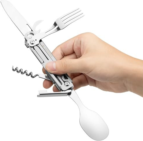 Navaris Edelstahl Camping Besteck 2tlg. - Outdoor Messer Gabel Löffel inkl. Tasche - Ultraleichte 6-in-1 Essbesteck Kombi - Reisebesteck Set aus Edelstahl