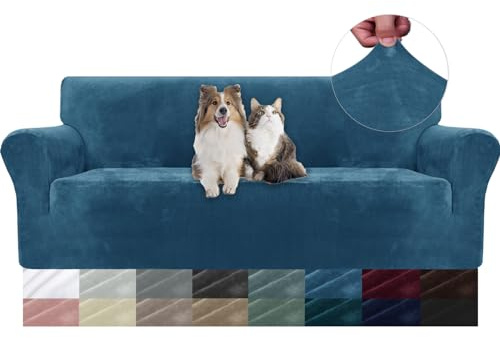 YSTELLAA Housse De Canapé en Velours 3 Places, Sofa Cover Extensible, Universelle Housse pour Canapé avec Accoudoirs, Protection Griffures, Antidérapant, Lavable, Bleu Paon