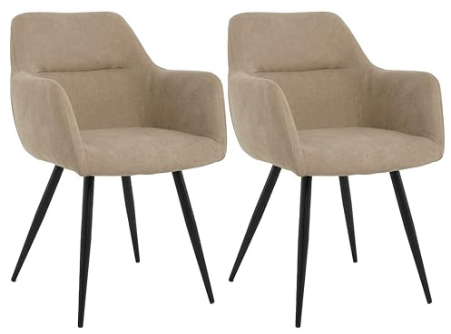 Set di 2 Sedie Sala da Pranzo Beige con Braccioli – Tessuto Imbottito Ergonomico e Gambe in Metallo Nero – Sedie Moderne Ideali per Cucina, Tavolo da Pranzo e Soggiorno con Comfort Elegante