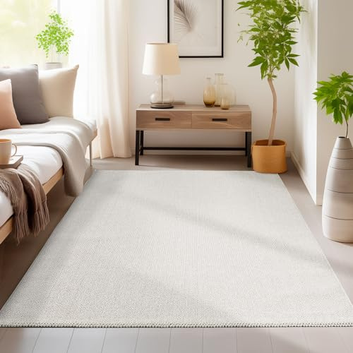 HomebyHome Langlebiger Teppich Cut-Loop Creme 140 x 200 cm - Kurzflor Schlingenteppich für Wohnzimmer, Schlafzimmer - Dekorativer Melierter Struktur Moderner Küchenteppich