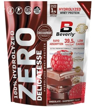 Beverly Zero Delicatesse - Proteína Hidrolizada de Suero con Digezyme y Tolerase - 1 Kg - 29 g de proteína por ración - 28 servicios - Excelente digestibilidad - Sabor (CHOCOLATE FRAMBUESA)
