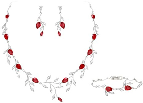 EVER FAITH Bröllopssmycken för brud damer brudtärna, zirkonia päronformad födelsesten blad halsband armband örhängen set för bal, 46 cm, kubisk zirkonia, Kubisk zirkonia