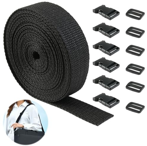 Bältesset med spännen, längd 6 meter, bredd 25 mm, tjocklek 1,2 mm, djup svart vävd PET-rem, stångspänne och stegögla