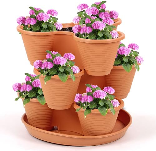 Taylor & Brown 3 Tier Stackable Strawberry, Herb, Flower, and Vegetable Planter - Vertical Growing Garden Tower Indoor/Outdoor Planters Tri-Pot (Terracotta)