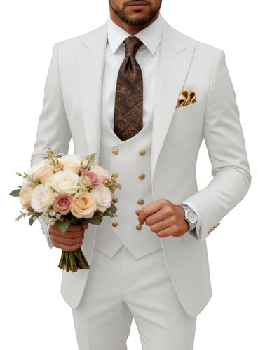 Ensemble de Costume 3 pièces Slim fit pour Homme, Blazer à Deux Boutons, Veste, Pantalon, Smoking pour fête, Mariage et Travail, Ivoire, Taille XL