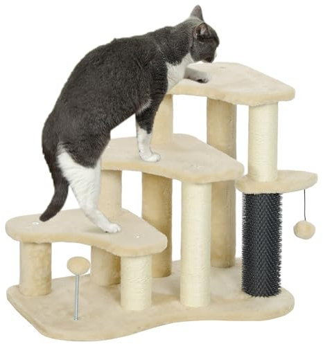 PawHut Cat Tree, 2-in-1 Pet Stairs w/Scratching Tickling Post, Beige