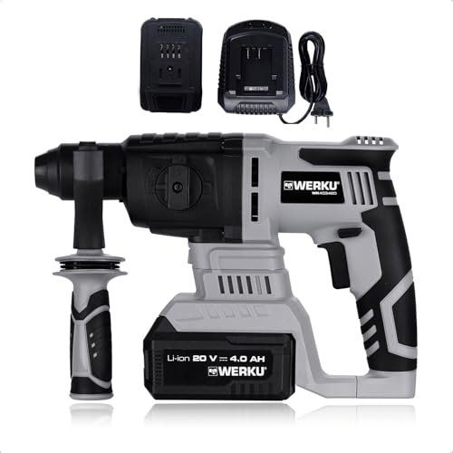 Werku WK403420+WK403470+WK403480 Perceuse marteau démolisseur sans fil, qualité professionnelle, puissance 20 V et 4 Ah, batterie Li-ion, énergie choc 3 J, moteur sans fil, batterie et chargeur inclus