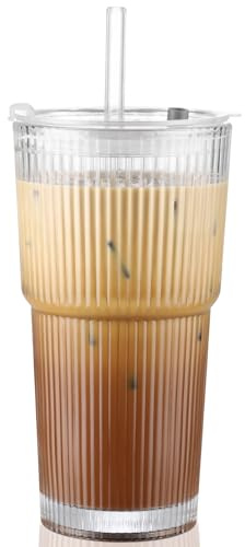 CWHHRN 20 oz Glass Cup with Lid and Straw, Glass Tumbler with Straw and Lid, Vintage Glassware for Whiskey Cocktail Beer, Iced Coffee Cups with Lid (1 PACK)
