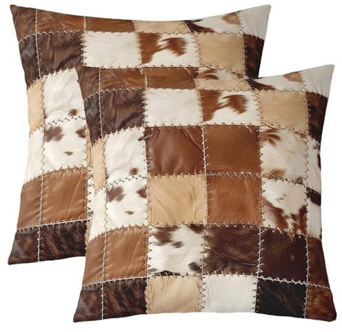 Loussiesd Juego de 2 fundas de cojín de piel de vaca con estampado de patchwork, 45 x 45 cm, funda de almohada de piel de vaca, para casa, sofá, cama, sofá, funda de almohada suave