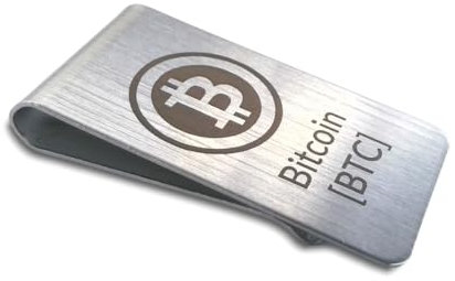 Geldklammer, Geldclip, elegant und edel aus gebürstetem Edelstahl. viele Verschiedene gravierte Motive (Bitcoin BTC)
