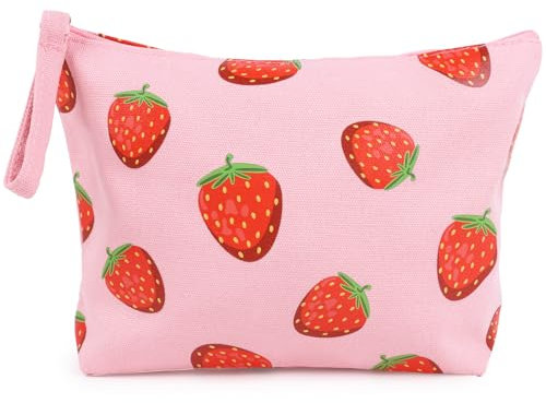 BETESSIN Kosmetiktasche Klein für Handtasche - Schminktäschchen mit Erdbeeren Motiv - Kulturtasche Damen Rosa - Make up Tasche mit Reißverschluss - Kleine Geschenke für Frauen & Mädchen