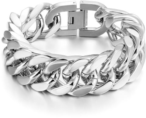 AFSTALR Silber Armband Herren Edelstahl Armbänder Panzerkette 17mm Breite Glatt Kubanische Cuban Armreif Men's Bracelets Schmuck Jewellery Geschenk für Männer Jungen 22cm