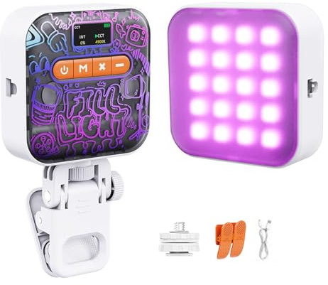 Aolawco Selfie Licht Handy(36 Farben), Mini Vollfarben RGB Kamera Licht, Dimmbare 2500K-9500K/CRI 97+/2000mAh, 60 LED Videolicht mit Telefonhalter, Clips, Cold Shoe Halterungen und USB-Kabel