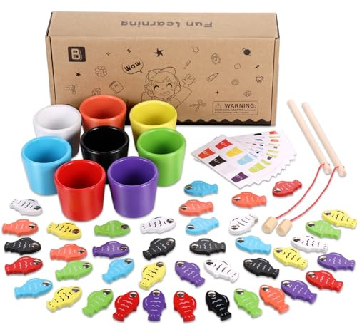 TranRantic Juego de Pesca de Madera, Juguetes Montessori para Niños 1 2 3 Años, Juguetes de Pesca, Juguetes Educativos para Niños Pequeños, Clasificación de Colores, Conteo de Números