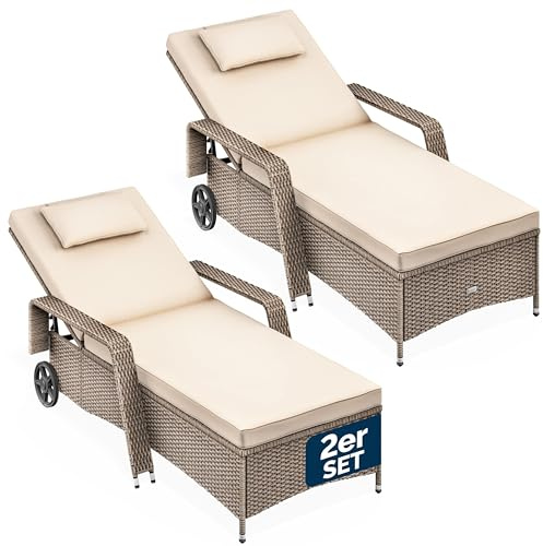 Casaria® Sonnenliege 2er Set mit Rollen 7cm Auflage Extra Breit 90cm Gartenliege Wetterfest 165kg Belastbar Terrasse Balkonmöbel Liegestuhl Creme