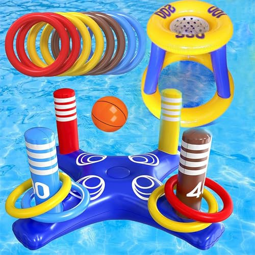 FUNLOV Pool Games Toys Set for Kids, 2 in 1 Floating Pool Basketball Hoops & Pool Ring Toss Game, Swimming Pool Party Game Accessories Toy Gift s for Kids Ages 6+, Teens, Adults and Family