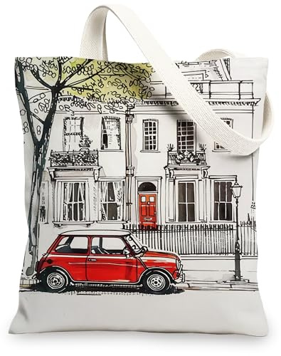 Bolsas de lona vintage, diseño artístico de paisaje urbano, bolsas de comestibles reutilizables, ligeras y lavables con correa para el hombro, Rojo -, 13x15 Inch